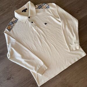 Vintage Burberry London Nova Check Cream Long Sleeve 100% Cotton Polo Shirt Sz M